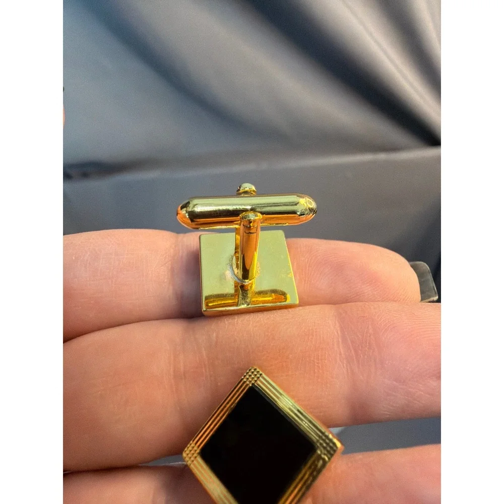 Vintage Gold Tone Square Cufflinks Black Inlay Textured Border Mens Accessory